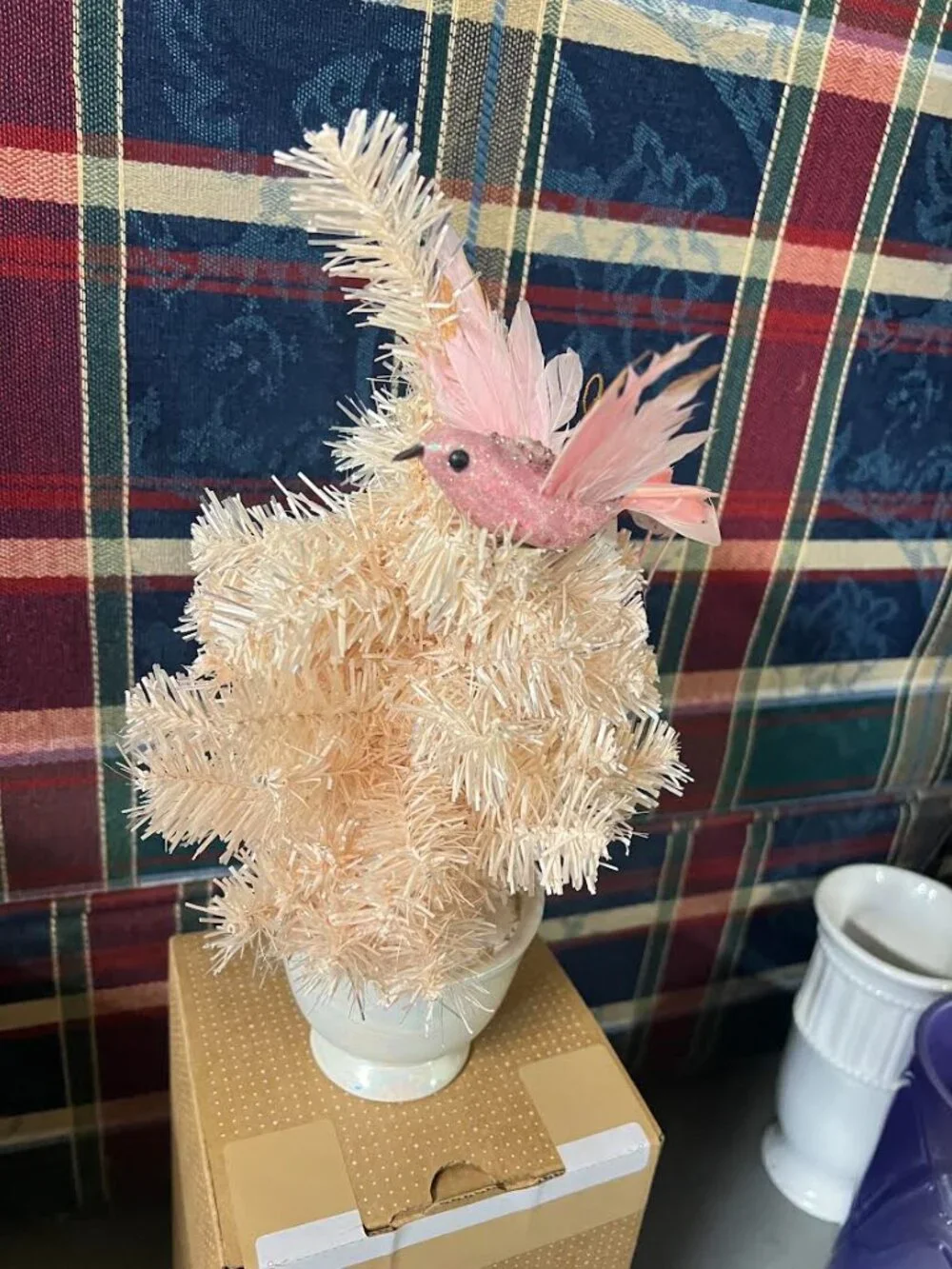 Cute Pink Holiday Decor Christmas Tree Bird Retro NWT